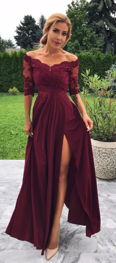 Off Shoulder A Line Half Sleeves Burgundy Prom Dress With Silt