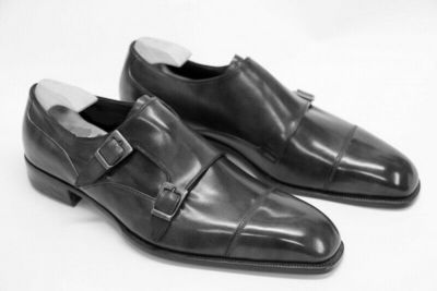 Men Black Monk Double Buckle Strap Rounded Derby Toe Formal Dress Leather Shoes