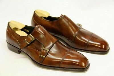 Shiny Brown Color Monks Double Buckle Strap Derby Cap Toe Genuine Leather Shoes