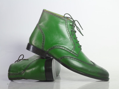 Handmade Men's Ankle High Green Wing Tip Leather Lace Up Boots