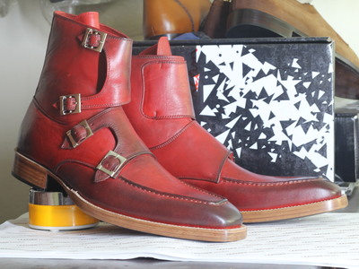 Handmade Men's Ankle High Burgundy Forth Monk Leather Boots
