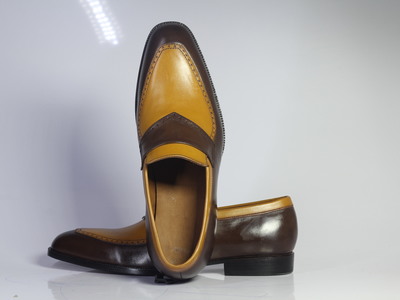 Handmade Blue & Tan Penny Loafers Leather Shoes For Men's