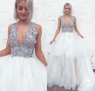 Deep V Neck Long Prom Dresses with Appliques