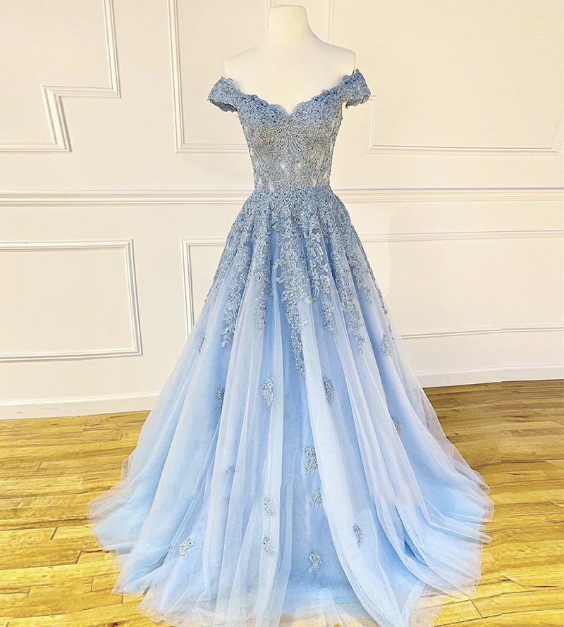 Blue tulle lace long prom dress evening dress