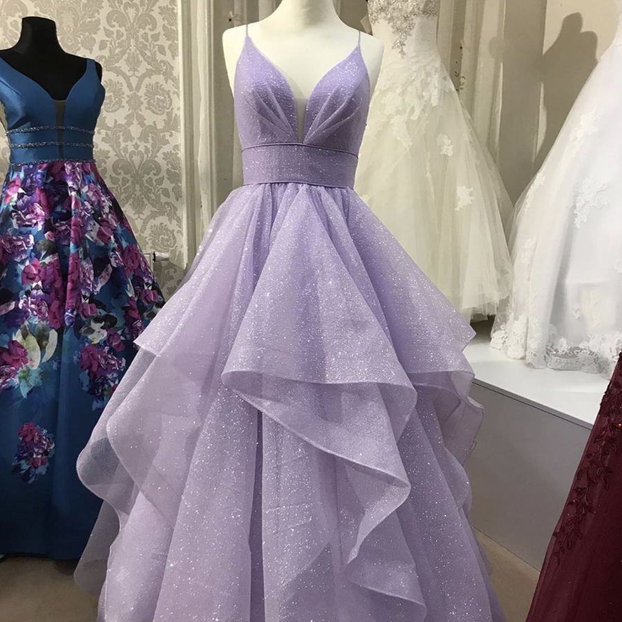Purple v neck tulle long prom dress evening dress