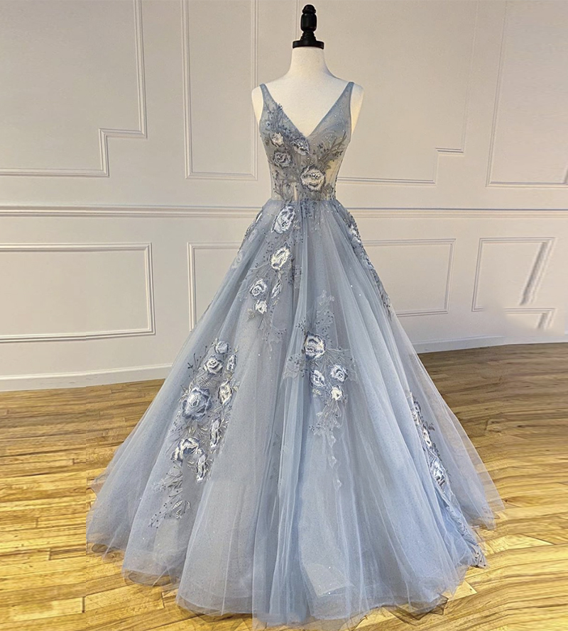 Gray tulle applique long prom dress evening dress