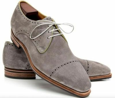 Handmade Men’s Suede Lace Up Stylish Shoes, Men’s Gray Cap Toe Stylish Shoes
