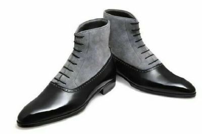 Men High Ankle Two Tone Gray Suede Black Genuine Leather Handmade Laceup Boots