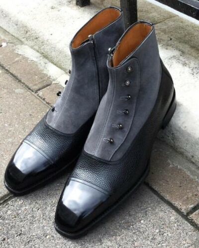 Handmade Black Grey Button Boots Men Suede Leather button Boot, Button boot mens