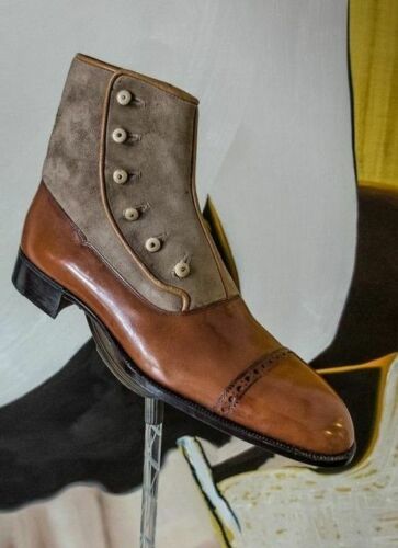 Handmade Men,s Tan Grey Button Boot, Men Suede And Leather Boot, Men Ankle Boot