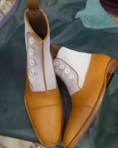 New Handmade men button boots,Tan leather and White suede dress boots for men