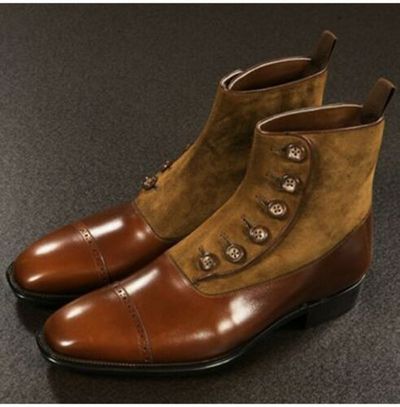 Handmade Brown Button Boots, Men Brown Formal Boot, Ankle Leather Boot