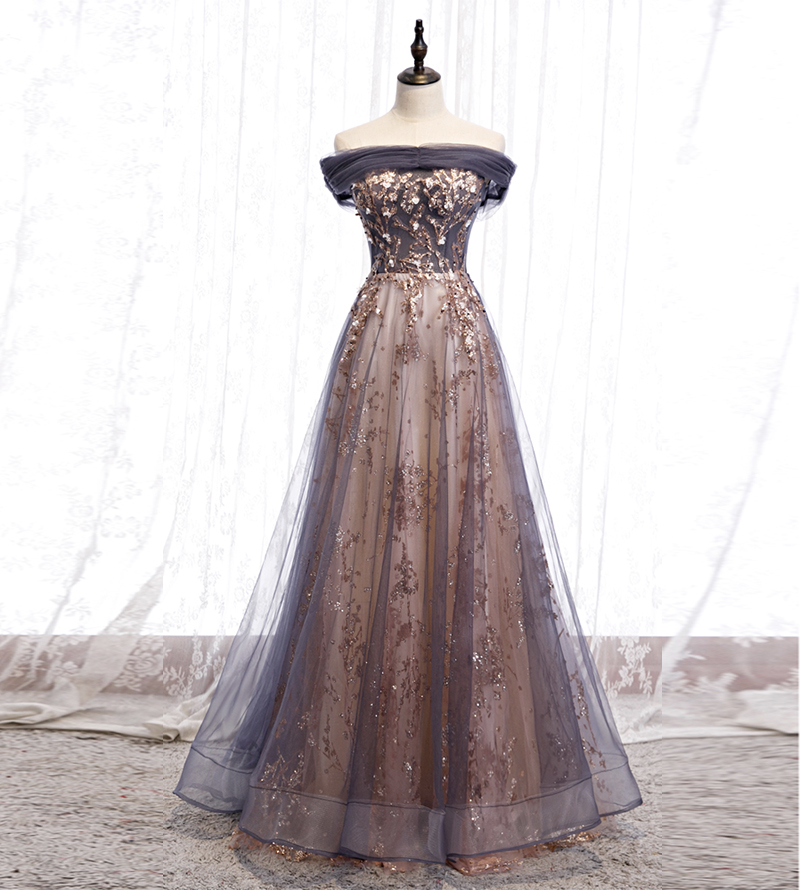 Elegant tulle sequins prom dress evening dress