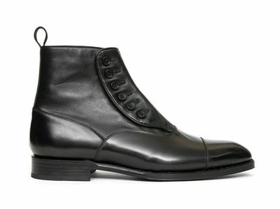 Men's Handmade Black High Ankle Rounded Derby Cap Toe Real Leather Button Boots