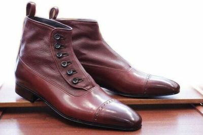 Burnished Cap Toe Maroon Color Genuine Leather High Ankle Partywear Button Boots