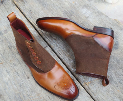 Rounded Brogues Toe Brown Color Tweed Leather High Ankle Party Wear Button Boots