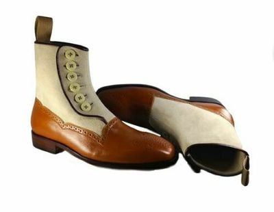 Brown Beige Two Tone Color Genuine Leather High Ankle Party Wear Button Boots