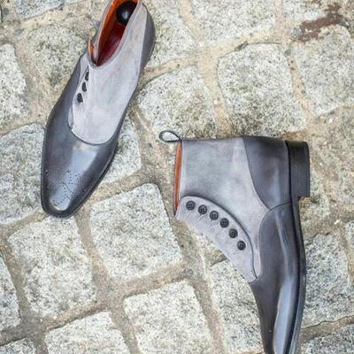 Men's Gray Suede Black Classic Style High Ankle Vintage Leather Button Boots