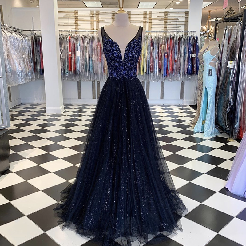 Blue v neck tulle long prom dress evening dress