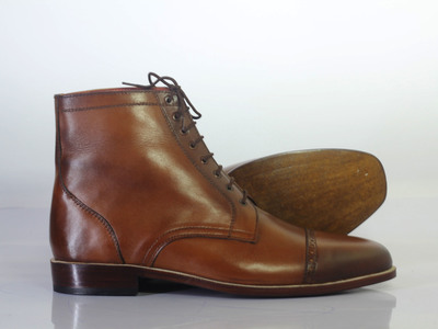Handmade Men's Ankle High Brown Cap Toe Leather Lace Up Boots