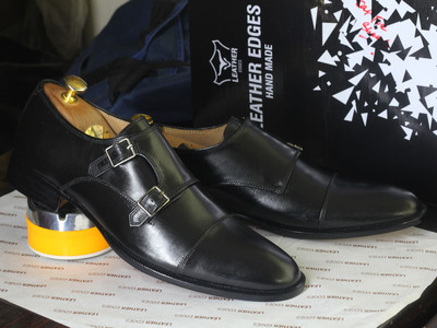 Handmade Black Cap Toe Double Monk Leather Shoes For Men's