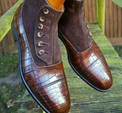 Crocodile Texture High Ankle Premium Genuine Rounded Cap Toe Button Men Boots
