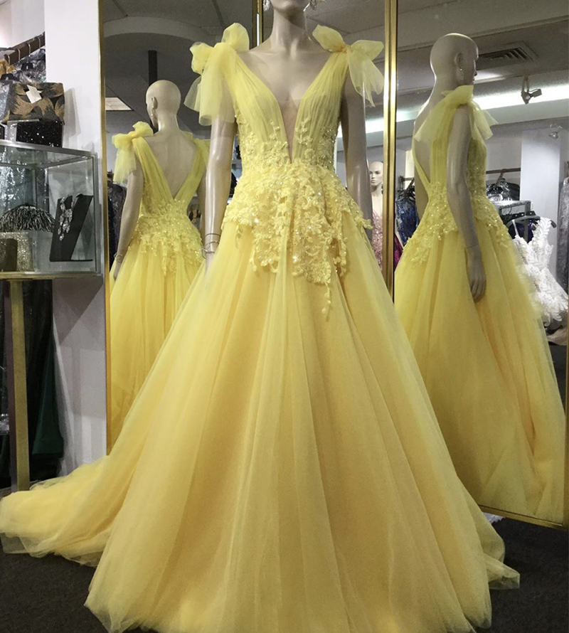 Yellow v neck tulle lace prom dress evening dress