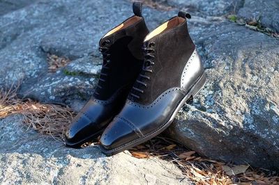 Handmade Men's Half Ankle Black Cap Toe Brogue Leather Suede Lace Up Boot