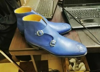 Handmade Blue Leather Chukka Buckle Boot Double Monk Strap Brogue Boots