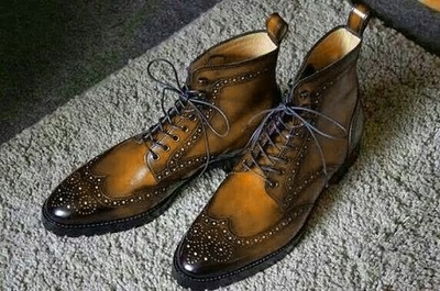 Handmade Men's Ankle High Brown Wing Tip Brogue Leather Lace Up Boot