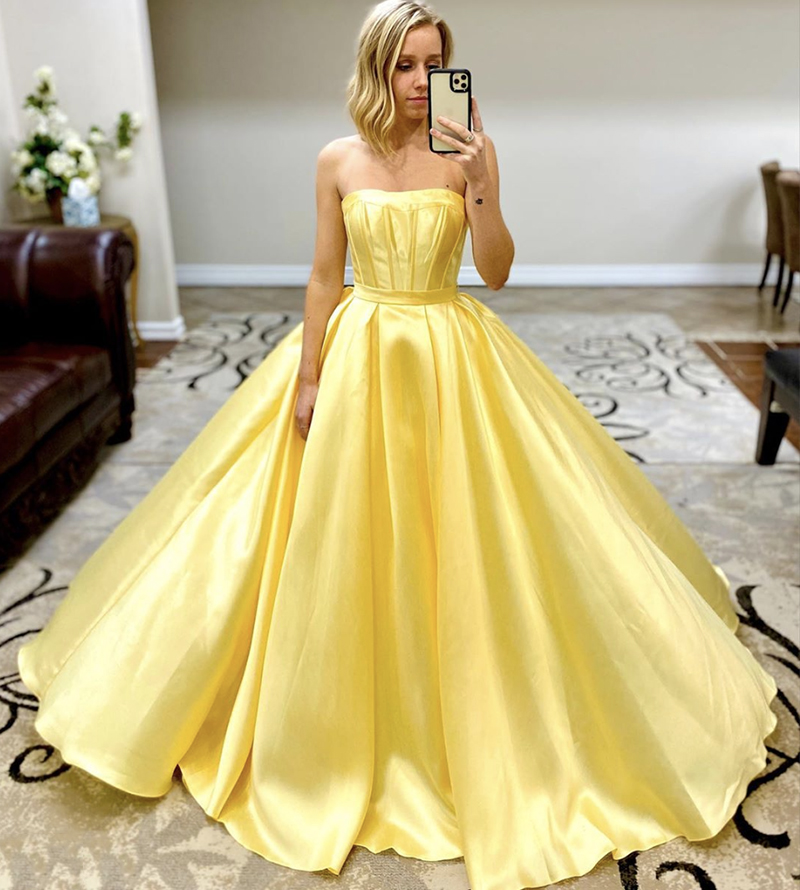 Yellow satin long prom dress yellow evening dress