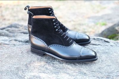 Handmade Ankle High Black Cap Toe Brogue Leather Suede Lace Up Boots For Men's