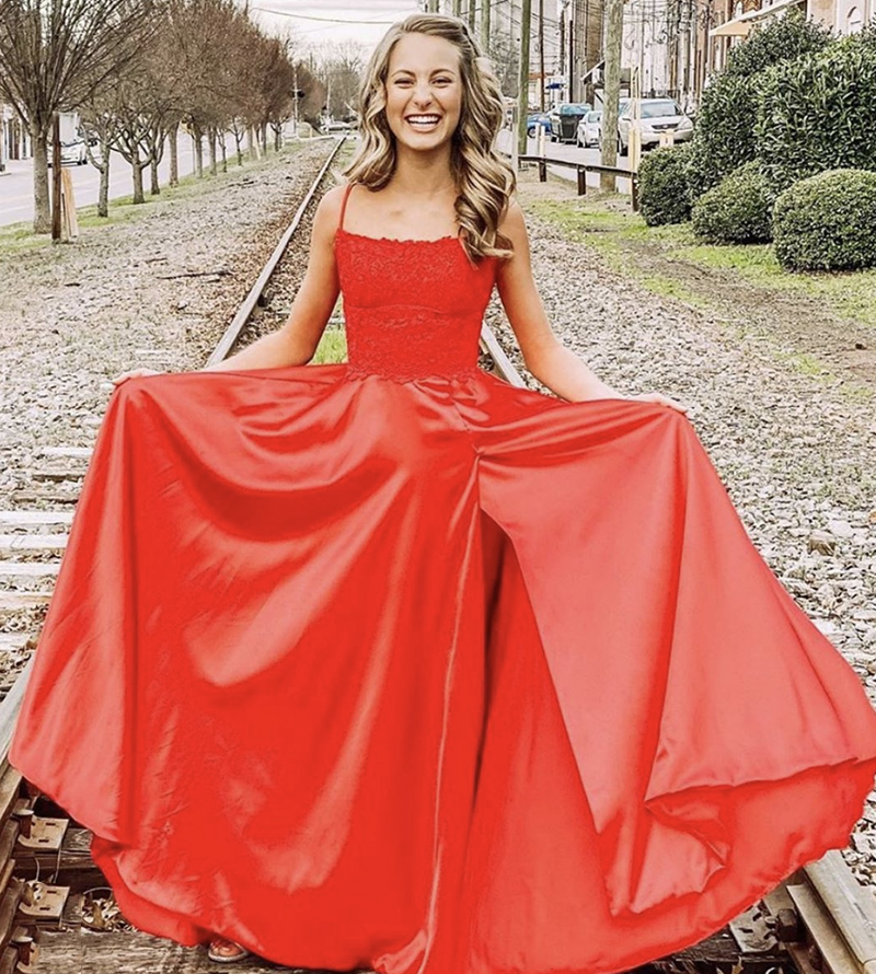 Red satin lace long prom dress evening dress