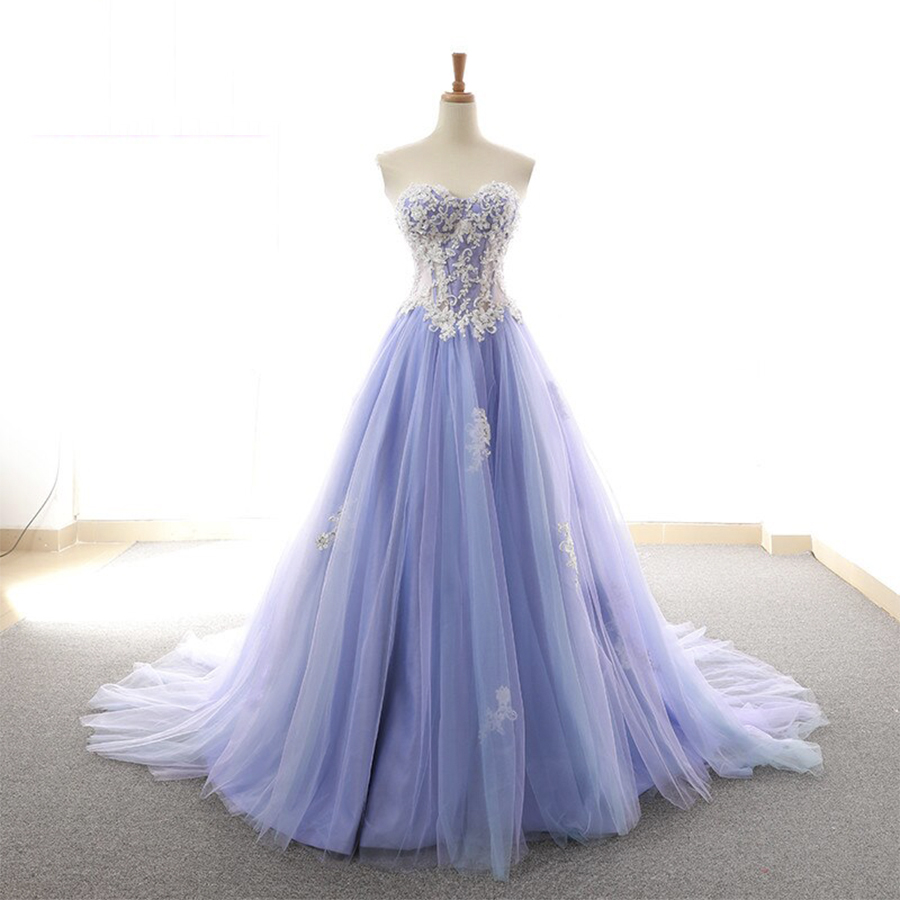 Purple tulle lace long prom dress evening dress