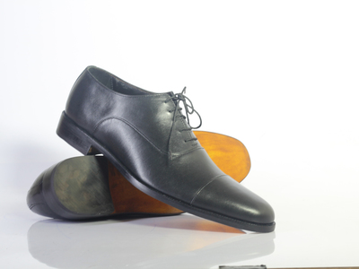 Handmade Black Cap Toe Lace Up Leather Shoes For Men's