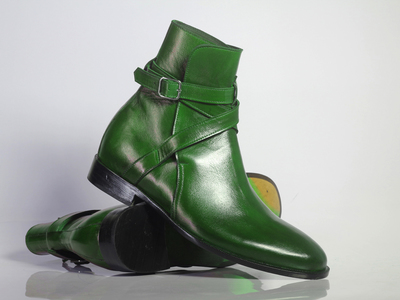Handmade Men's Green Leather Half Ankle Jodhpurs Boots