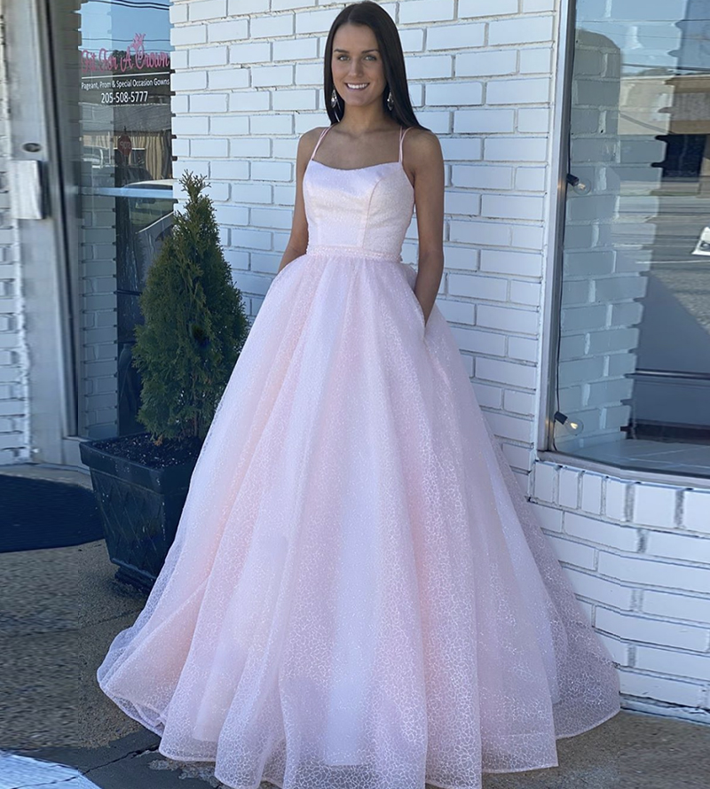 Pink tulle sequins long prom dress formal dress