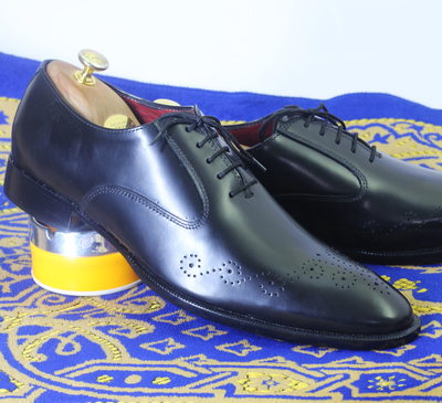 Handmade Black Cap Toe Lace Up Leather Shoes For Men's