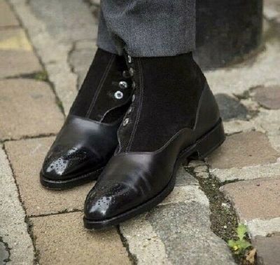 New Handmade Pure Black Leather & Black Suede Brogue Button Boots for Men's