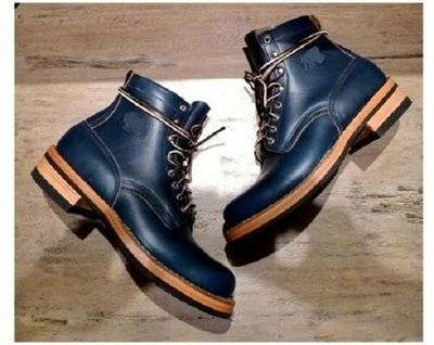 Handmade navy blue dress boots men lace up combat boots, leather formal boot men