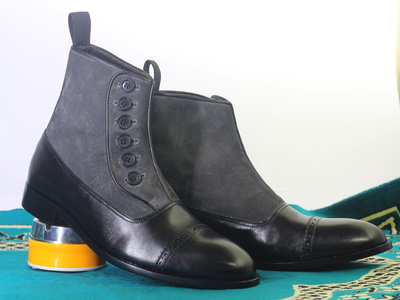 Handmade Black & Gray Ankle Cap Toe Button Top Boot Leather Suede Men's Boot