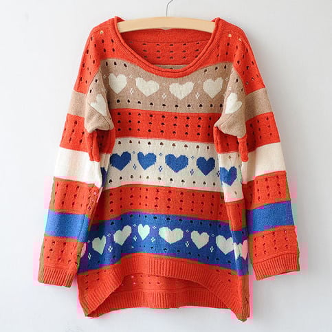 Long Sleeve Scoop Neck Hearts Sweater (Blue, Pink, Orange, White)