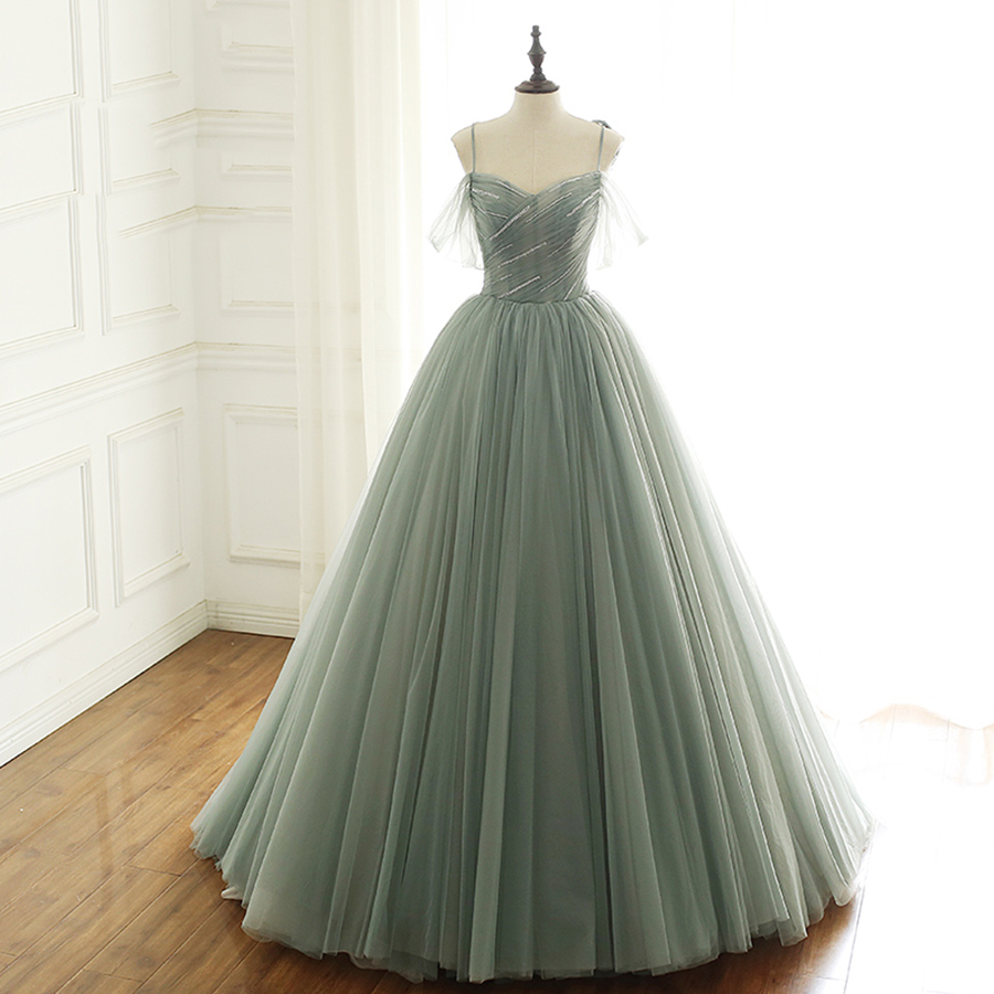Green tulle long prom dress formal dress