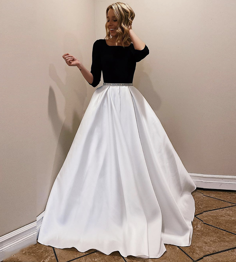 Black and white long prom dress evening dress