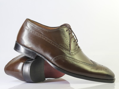 Handmade Brown Wing Tip Brogue Lace Up Leather Shoes For Men's
