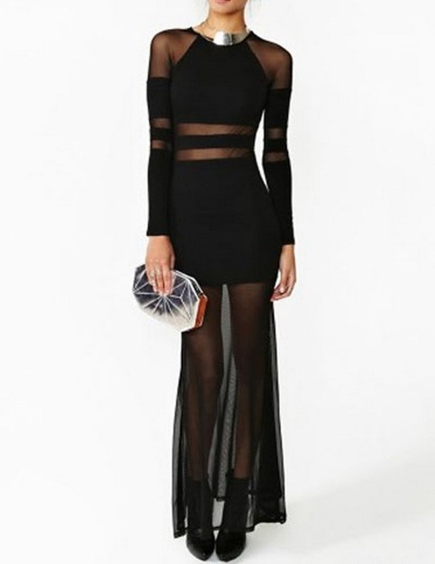 Long Sleeve Sheer Full Length Block Dress