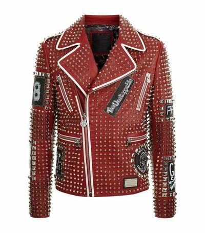 Mens Red Punk Full Silver Spiked Studded Embroidery Patches Cow Leather Jacket