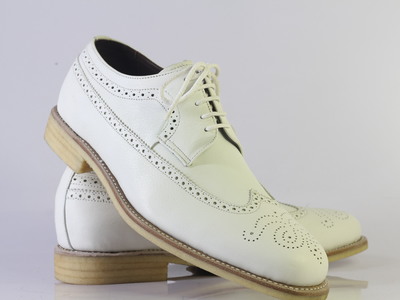 Handmade White Wing Tip Brogue Stylish Lace Up Leather Shoes For Men's