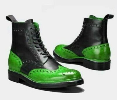 Handmade Black And Lime Green High Ankle With Full Brogue Real Leather Boots