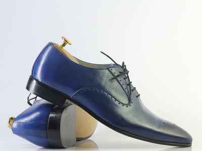 Handmade Blue Brogue Toe Stylish Lace Up Leather Shoes For Men's